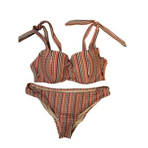Shade & Shore Striped Underwire Bikini  Coral Pink Black 36C Top Medium Bottom
